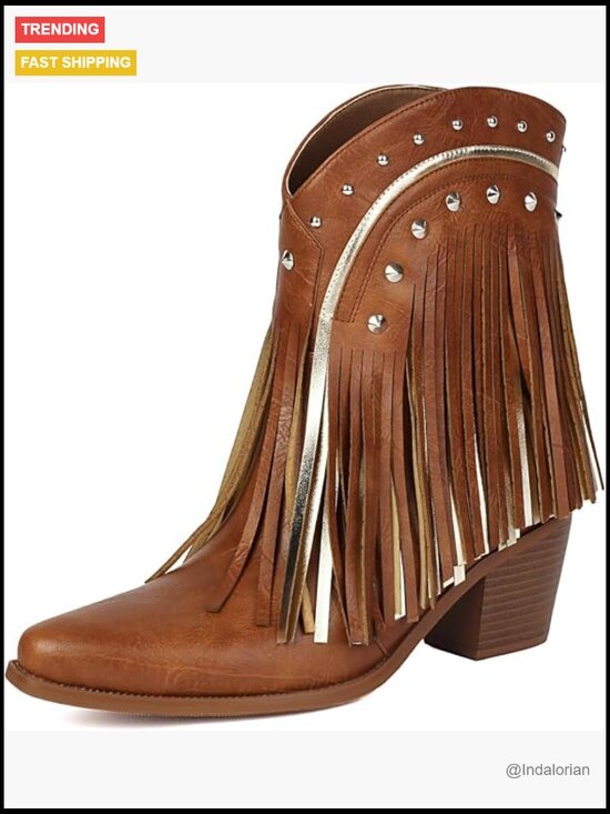 Shoes - Pointed Toe Cowgirl Boots with Fringe Ankle Booties Block Heel PU Leather